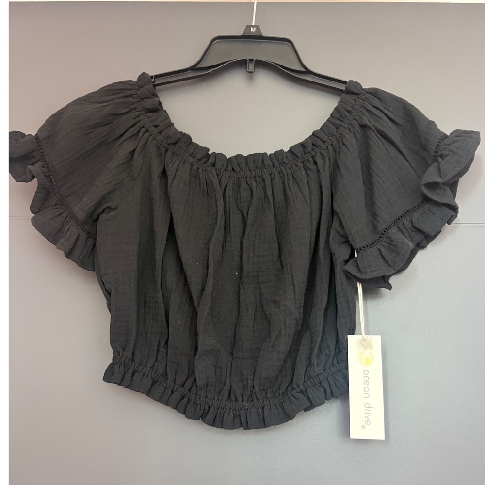 Ocean Drive Womens Black Cotton Gauze Off Shoulder Ruffle Crop Top B10470 M NEW